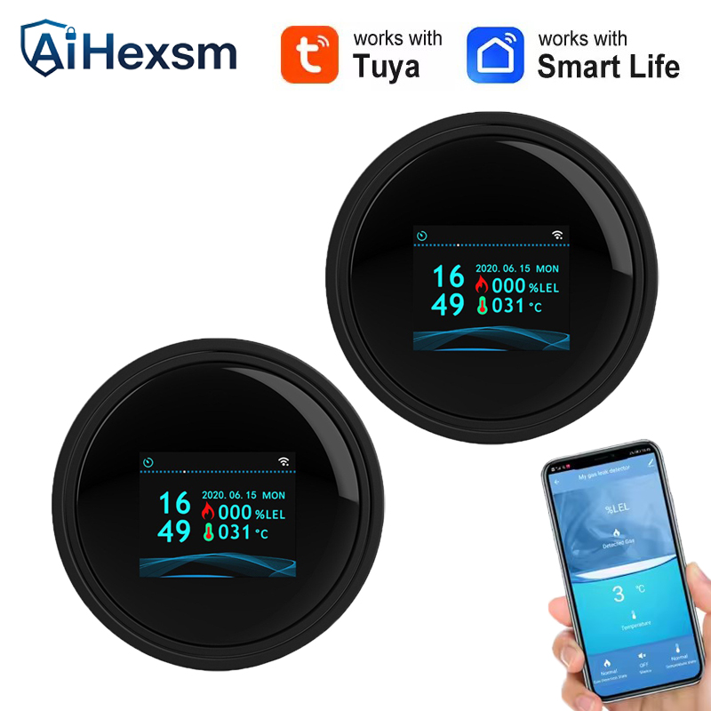 Home Security Tools - Tuya Wifi 漏洩温度機能付き可燃性ガス検知器サポートホームスマートライフ天然ガス警報センサー LCD ディスプレイ